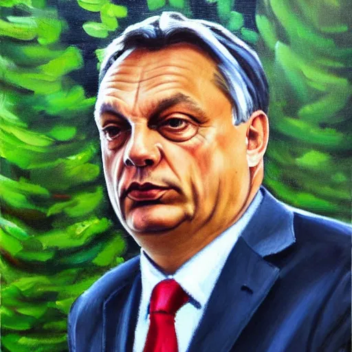 Image similar to viktor orban protecting a tree, oil painting