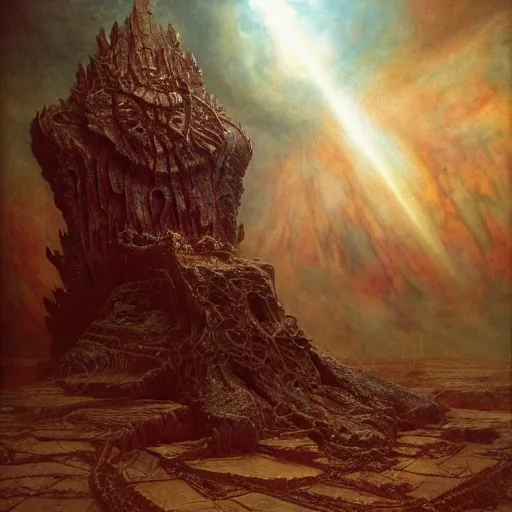 Image similar to the throne of earth and manifestation | highly detailed matte painting, hyperrealistic, very intrincate | cinematic lighting, award - winning | by rachel ruysch, giger, beksinski and bocklin | by austin osman spare and william blake, trending on artstation, cgsociety, official art, octane.