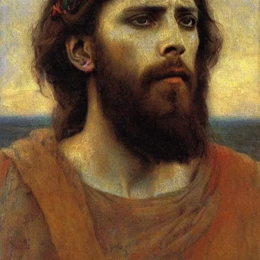 Prompt: portrait of jesus christ, russian painting, by Ilya Repin, realist, russian impressionism, melancholic, desaturated colors, moody, suffering, somber, rocky scenery in background