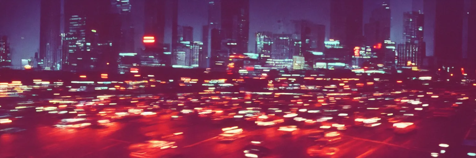 Prompt: 8 0 s neon movie still, high speed blurred traffic by the river with city in background, medium format color photography, movie directed by kar wai wong, hyperrealistic, photorealistic, high definition, highly detailed, tehnicolor, anamorphic lens