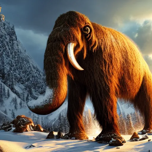 Image similar to photo of a mammoth, highly detailed, gettyimages, cinematic lighting, 4 k hd photo, trending on artstation, hyper realistic rendering photography, ultra wide angle, long shot, 8 k