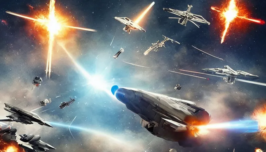 Prompt: big budget movie about a massive space battle with lasers and missile and spaceships and explosions.