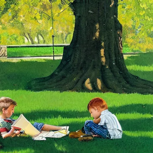 Image similar to a young boy reading a book about atoms sat in a public park, a sense of awe, warm dappled light, trees, in the style of norman rockwell