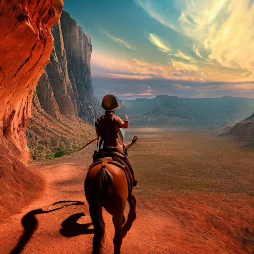 Image similar to spirit untaimed, horse from the movie next to a canyon riding in the sunset, movie poster, 8 k, trending on artstation, global illumination, volumetric shadows