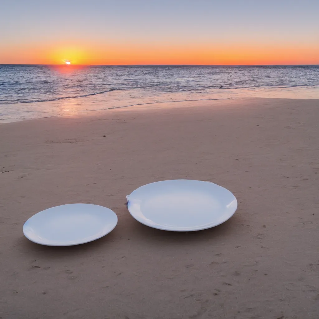 Image similar to professional photo of empty white dish in the middle over a table with a sunset on the beach in the background