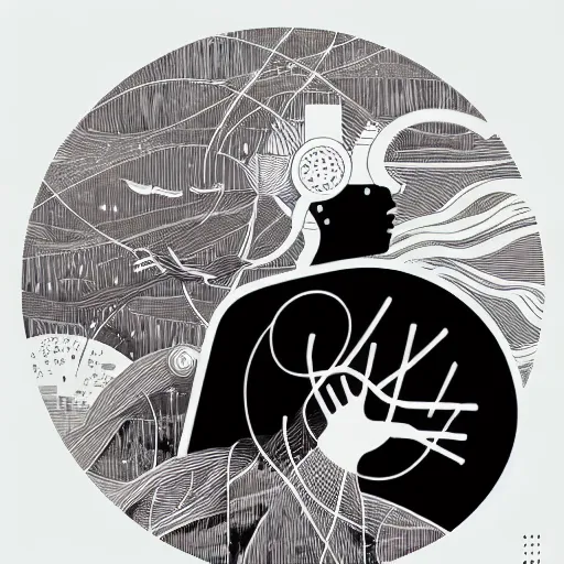 Image similar to a wandering mind, logo, simple white background victo ngai, kilian eng, black and white