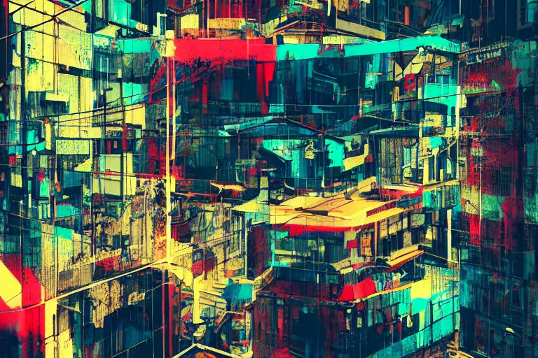 Prompt: architecture collage by atelier olschinsky, cyberpunk, (high contrast), ((oversaturated)), grafitti paint, bokeh, dof