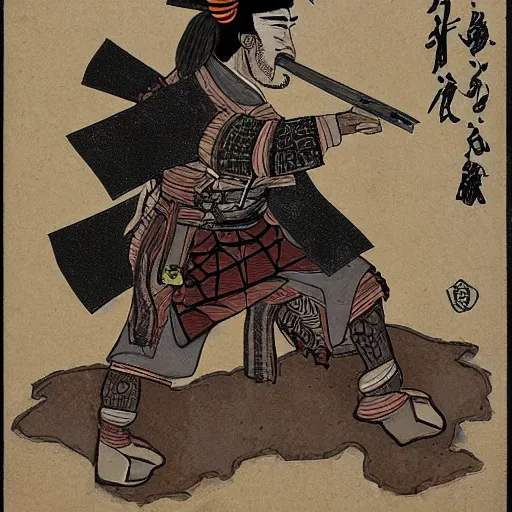 Image similar to a ancient samurai smoking a joint on a pony