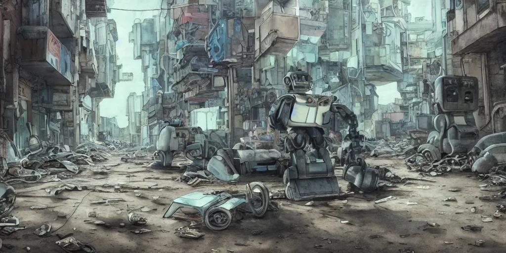 Prompt: a broken robot lying in a deserted junk town, watercolor, ghost in the shell, soft bloom lighting, paper texture, bright sun bleached ground, vending machine, robot lurks in the background, koji morimoto, katsuya terada, genius party, animatronic, black smoke, pale, beige sky pencil marks, hd, 4k, remaster, dynamic camera angle, fish eye, dynamic scene