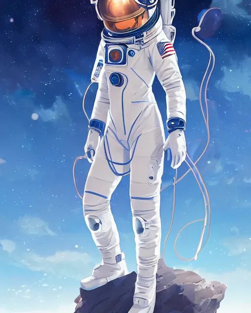 Image similar to an astronaut anime girl in an astronaut suit floating in space, cosmic skies. By Makoto Shinkai, Stanley Artgerm Lau, WLOP, Rossdraws, James Jean, Andrei Riabovitchev, Marc Simonetti, krenz cushart, Sakimichan, trending on ArtStation, digital art.