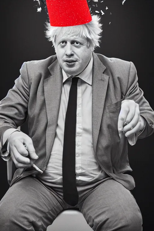 Image similar to boris johnson wearing a party hat and smoking a weed joint, photographed, portrait, photographic, hdr, 4 k
