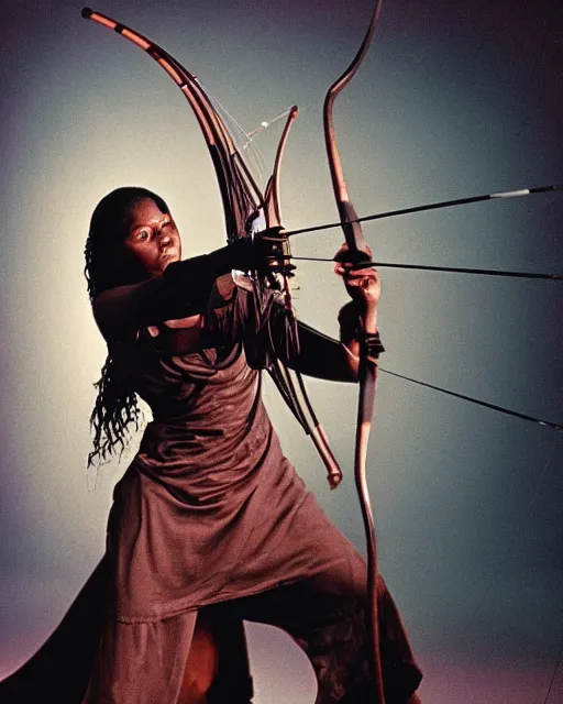 Prompt: the image is a lost hollywood film still 1 9 9 0 s photograph of a guardian priestess black woman with dark brown skin, long, swirling black hair, and jade colored eyes, practicing archery. vibrant cinematography, anamorphic lenses, crisp, detailed image in 4 k resolution.