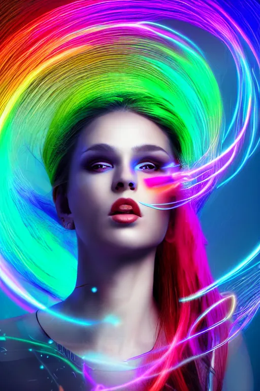 Image similar to a award winning half body portrait of a beautiful woman with stunning eyes in a croptop and leggings with reinbow colored ombre hairstyle head in motion and hair flying while dancing by thomas danthony, surrounded by whirling illuminated lines, outrun, vaporware, shaded flat illustration, digital art, trending on artstation, highly detailed, fine detail, intricate