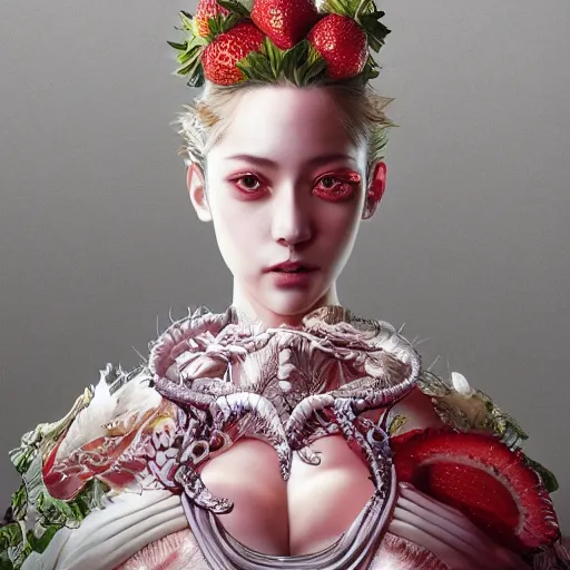 Image similar to the portrait of an absurdly beautiful, graceful, elegant, sophisticated, fashionable young gravure idol made of strawberries and white petals, an ultrafine hyperdetailed illustration by kim jung gi, irakli nadar, intricate linework, bright colors, octopath traveler, final fantasy, unreal engine 5 highly rendered, global illumination, radiant light, detailed and intricate environment