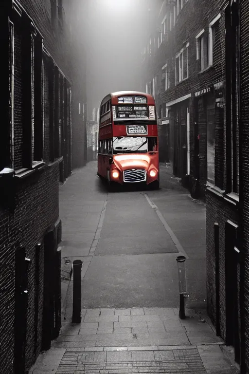 Image similar to a widescreen photo of a old london double - decker bus in a dark alley, low light, by steve mccurry