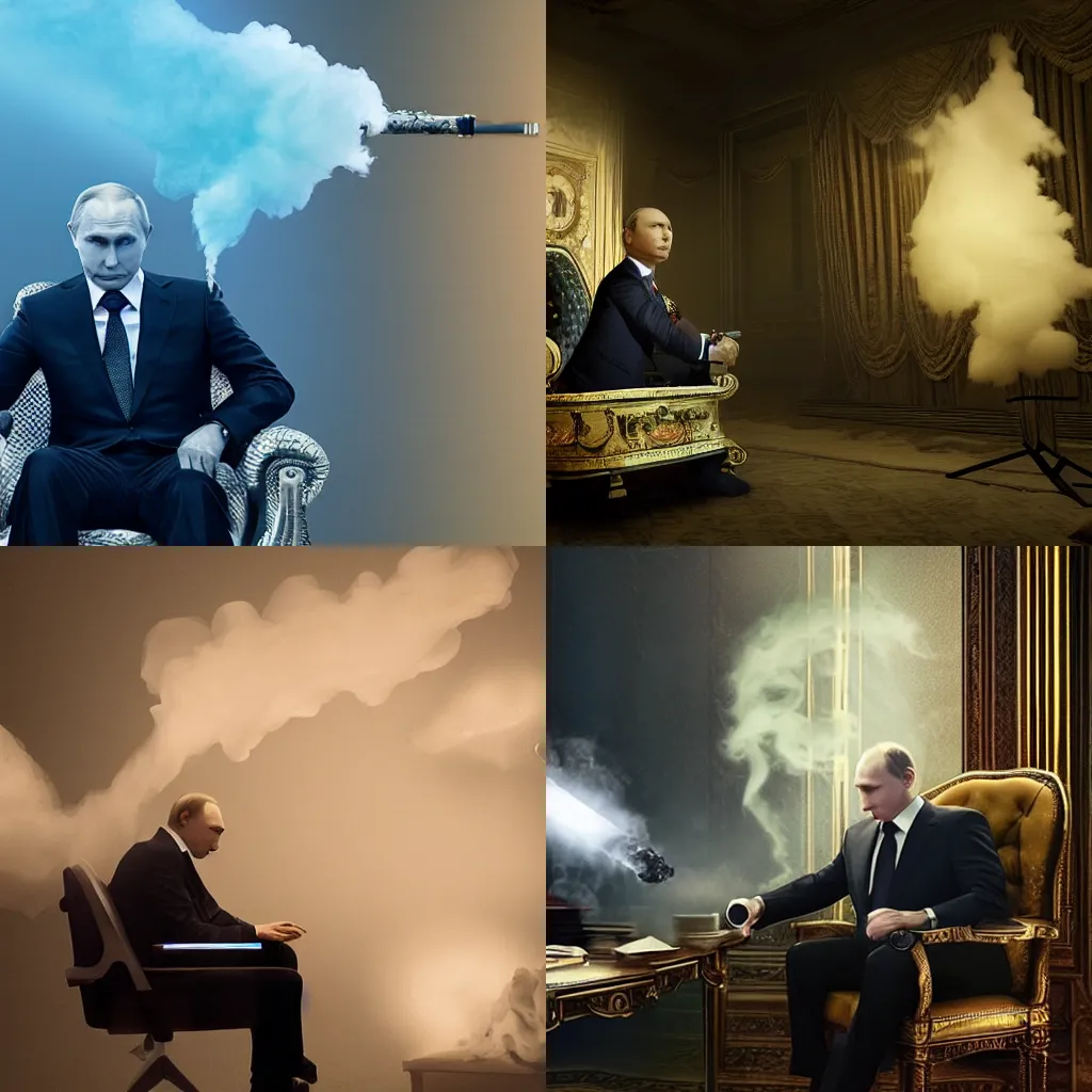 Prompt: photo of the vladimir putin vaping in the chair. ultra - hd, hcl, volumetric lighting, screen space global illumination, opaque, optics, lumen reflections, vfx, insanely detailed and intricate, hypermaximalist, super detailed