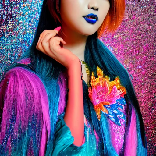 Image similar to japanese model with maximalist hair style and makeup, bright colors, fashion model, portrait shot, glitter, depth of field, 8 k, hyper detailed, intricate, trending on artstation