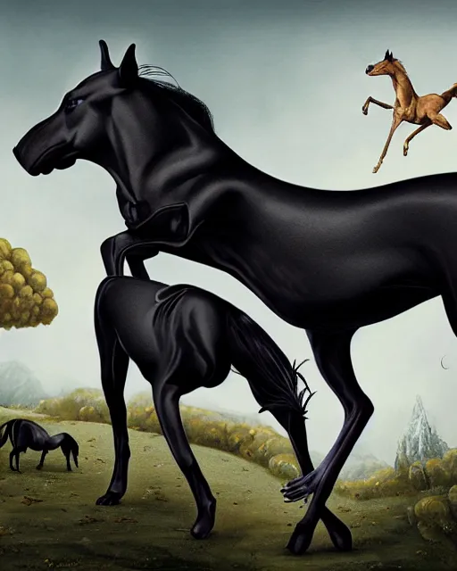Prompt: painting of hybrid between black weimaraner & black stallion horse! & intercrossed animal, by mattias adolfsson, by tiffany bozic, cold hue's, concept art, single object scene, beautiful composition, 8 k, digital painting