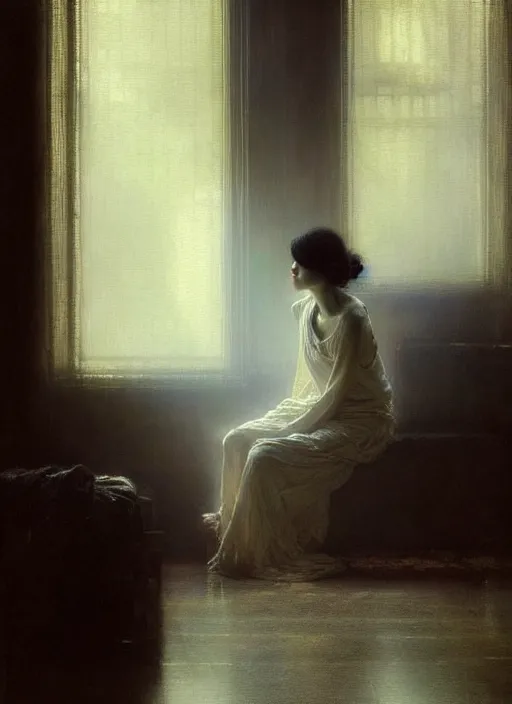 Image similar to a portrait of beautiful woman sitting in the floor, inside a modern apartment, intricate oil painting, hyperdetailed, misty, ethereal, dramatic lighting, by jeremy mann and ruan jia and lawrence alma - tadema