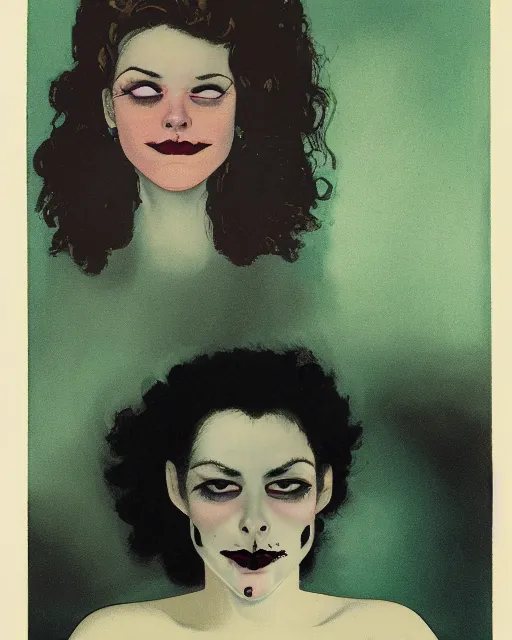 Prompt: a handsome but creepy, sinister, smiling young woman, with haunted eyes and curly hair, wearing punk clothing, 1 9 7 0 s, seventies, wallpaper, a little blood, moonlight showing injuries, delicate embellishments, painterly, offset printing technique, by brom, robert henri, walter popp