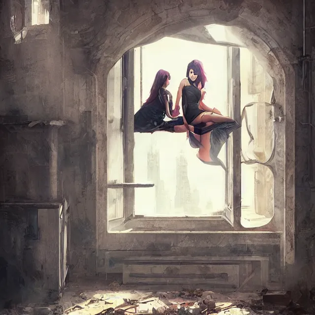 Image similar to window, eye, women, buildings, surprise, scared, couch by wlop, artgerm, greg rutkowski