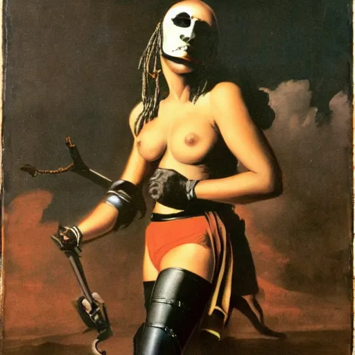 Prompt: Swashbuckling female pirate in space, grace jones, courbet