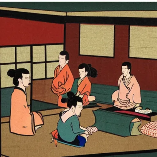 Image similar to ancient Japanese painting of Seinfeld characters in Jerry’s apartment, extremely detailed