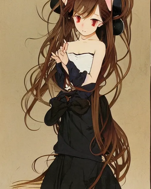 Image similar to A cute frontal painting of a very very beautiful anime skinny mousegirl with long wavy brown colored hair and small mouse ears on top of her head wearing a cute black dress and black shoes looking at the viewer, elegant, delicate, feminine, soft lines, higly detailed, smooth , pixiv art, ArtStation, artgem, art by alphonse mucha Gil Elvgren and Greg rutkowski, high quality, digital illustration, concept art, very long shot