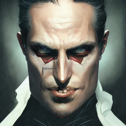 Image similar to portrait of Batman but as a vampire, intricate, headshot, highly detailed, digital painting, artstation, concept art, sharp focus, cinematic lighting, illustration, art by artgerm and greg rutkowski, alphonse mucha, cgsociety