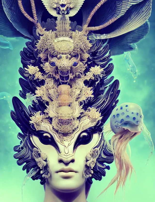 Image similar to 3 d goddess close - up frontal portrait with ram skull. beautiful intricately detailed japanese crow kitsune mask and clasical japanese kimono. betta fish, jellyfish phoenix, bio luminescent, plasma, ice, water, wind, creature, artwork by tooth wu and wlop and beeple and greg rutkowski