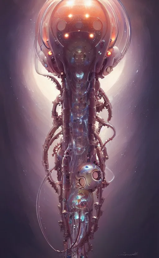 Image similar to Cyborg biomechanical jellyfish female deity, sci-fi, highly detailed, digital painting, artstation, concept art, smooth, sharp focus, illustration, art by artgerm and greg rutkowski and alphonse mucha