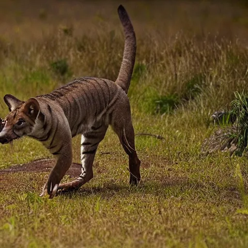 Image similar to dynamic photos of a tasmanian tiger, National Geographic animal pictures, sharp detail, shallow depth of field