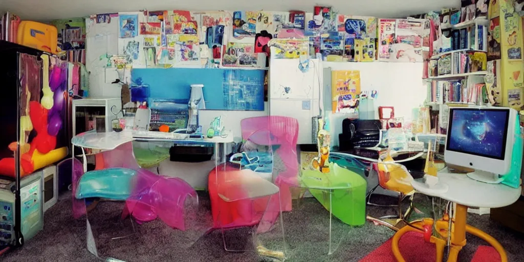 Image similar to a teens room in the 90s with transparent inflatable chairs and 90s novelty items and an old computer