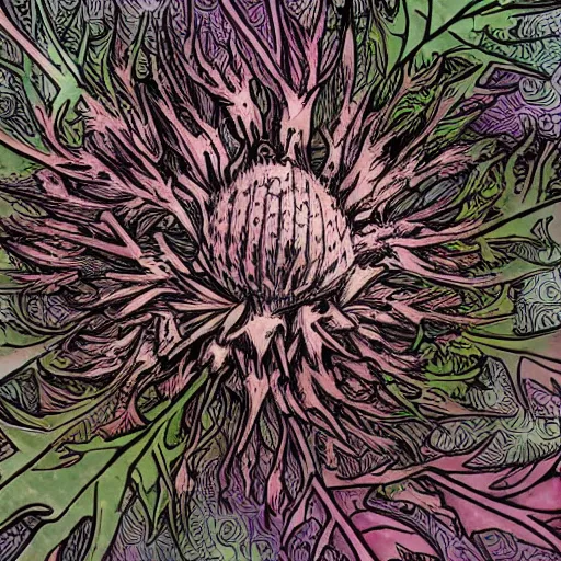 Image similar to squalid thistle deathcrown, in the style of adi granov, colourful hand drawing, beautiful faces, dramatic, tragic, intricate, detailed, beautiful, 8 k resolution