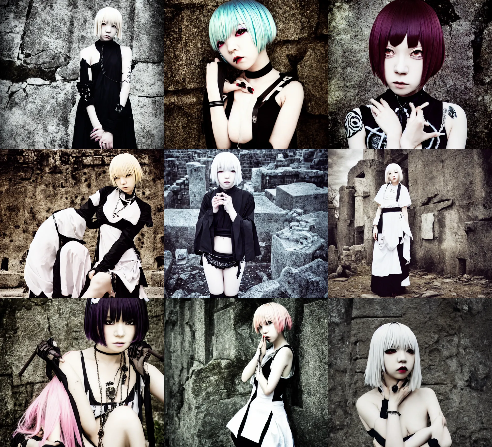 Prompt: lomography, full body portrait photo of women like reol as a priestness holding a ritual ritual outside exterior ancient ruins, moody, realistic, dark, skin tinted a warm tone, hdr, rounded eyes, detailed facial features, white gold black, takashi murakami, superflat