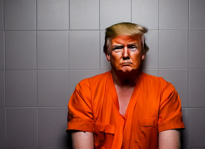 Prompt: portrait photo of donald trump sitting in a jail cell wearing an orange jumpsuit, studio lighting, key light, 8 k, 8 5 mm f 1. 8
