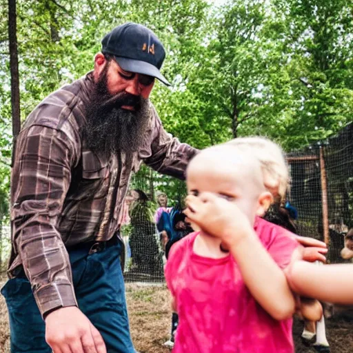 Image similar to aggressive bearded forestry man pushing kids out of the way at a petting zoo with lammas