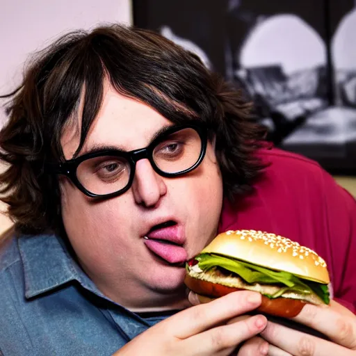 Image similar to andy milonakis eating a burger, 4 k, ultra high detail, photorealistic