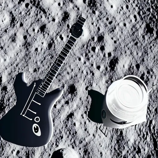 Image similar to a photo of a detailed, realistic, idle, regular sized electric guitar next to a beer can on the moon. detailed photo. realistic photo