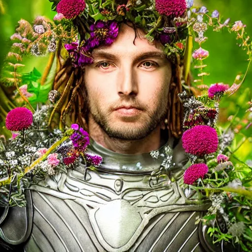 Image similar to a male knight, stern face, clear eyes, shining armour made of steel and flowers, and fractal flowery hair in a fractal garden, glowing delicate flower, berries and ferns that grow in a dark fantasy forest, full frame,