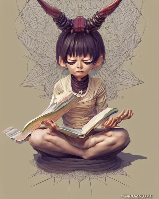 Image similar to a tiny cute demon floating while meditating and wrapped in sacred scrolls, smooth, intricate, elegant, digital painting, artstation, concept art, sharp focus, octane render, illustration, art by shintaro kago, apex legends character,