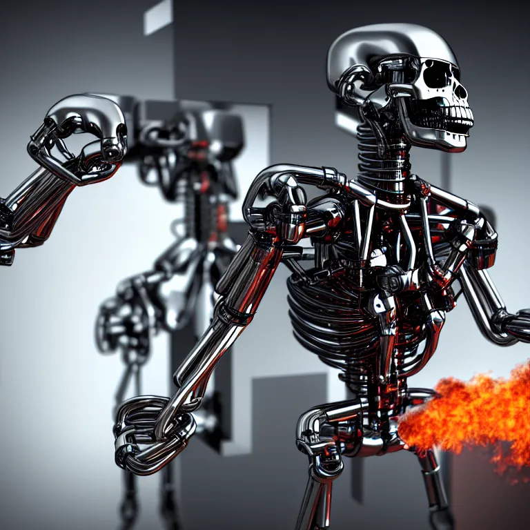 Prompt: terminator endoskeleton with four behind it, chrome, shiny, reflective, metallic, 3 d render, 3 d rendered, hdr, unreal engine 5, ray tracing, dramatic lighting, flame colors bright, high detail,