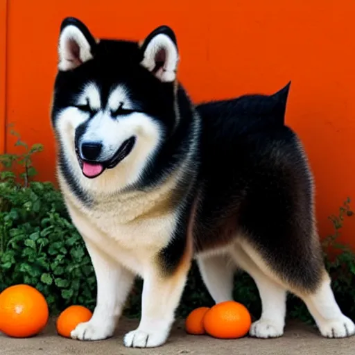 Image similar to photo of an akita inu made out of oranges