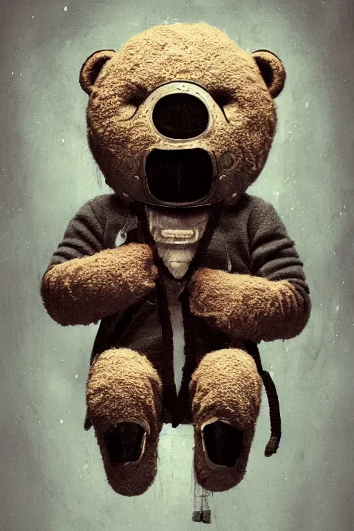 Prompt: portrait of a creepy horror monoxide teddy bear with mask . intricate abstract. intricate artwork. nightmare fuel. terrifying. by Tooth Wu, wlop, beeple, dan mumford , trending on artstation, greg rutkowski very coherent symmetrical artwork. cinematic, hyper realism, high detail, octane render, 8k, iridescent accents