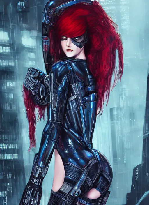 Prompt: a full body beautiful woman with red hair and blue eyes, wearing a cyberpunk outfit by hr giger, artgerm, sakimichan, weapons, electronics, high tech, cyber wear, latex dress, bandage, concept art, fantasy, cyberpunk