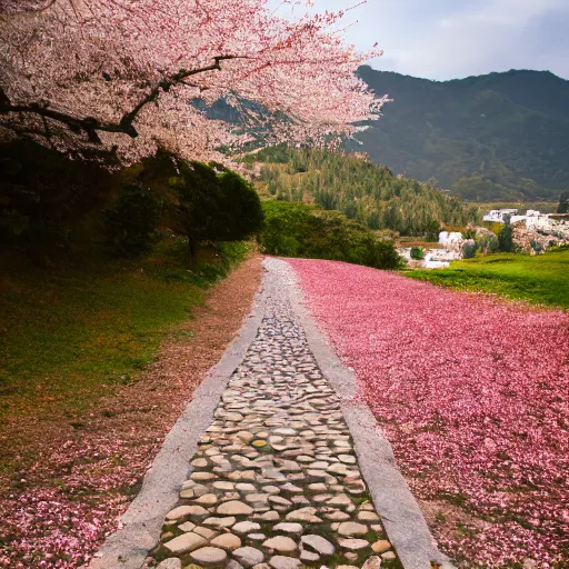 Image similar to stone path through a cherry blossom filled valley leading to a monastery. adult swim, minimalistic