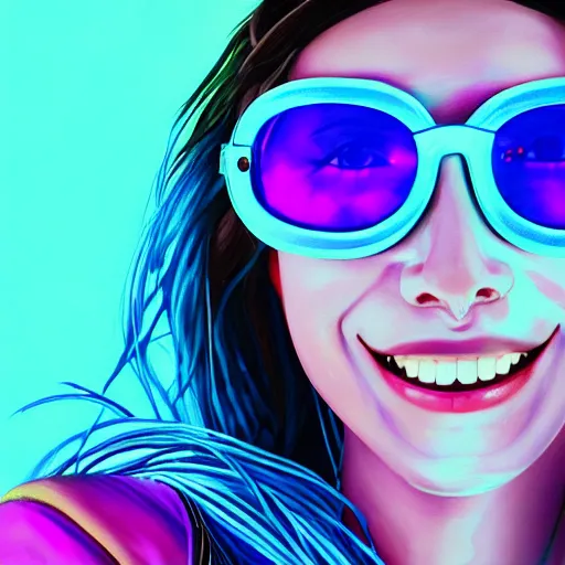 Image similar to closeup painting of a very beautiful young mexican cyberpunk woman with a smile, light blue neon shutter shades!! on her face, and a purple coloured leather jacket, one side haircut, long brown hair with light blue ends, portrait, sci - fi, hyperdetailed, cgsociety, synthwave by tangerine dream, by jean - michel jarre, by vangelis, by john carpenter