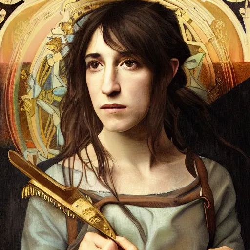 Image similar to portrait of charlotte gainsbourg as joan of arc, hyperreal digital painting, iconography influenced by alphonse mucha and eugene delacroix, arstation and deviantart trends, high resolution 8 k