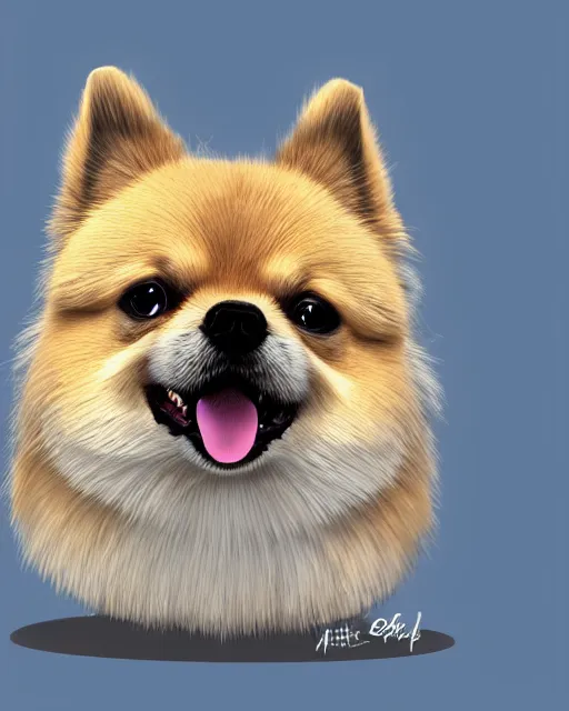 Prompt: gold, blue, head to shoulders illustration of a fat pomeranian, 3 d, 8 k, extremely detailed, artstation