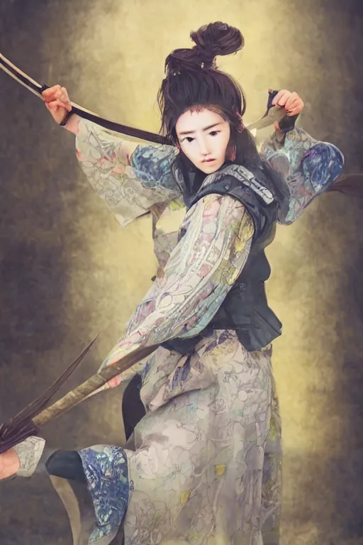 Image similar to highly detailed beautiful photo of a young female samurai, practising sword stances in a temple, symmetrical face, beautiful eyes, realistic anime art style, 8 k, award winning photo, pastels, action photography, 1 / 1 2 5 shutter speed, dramatic lighting